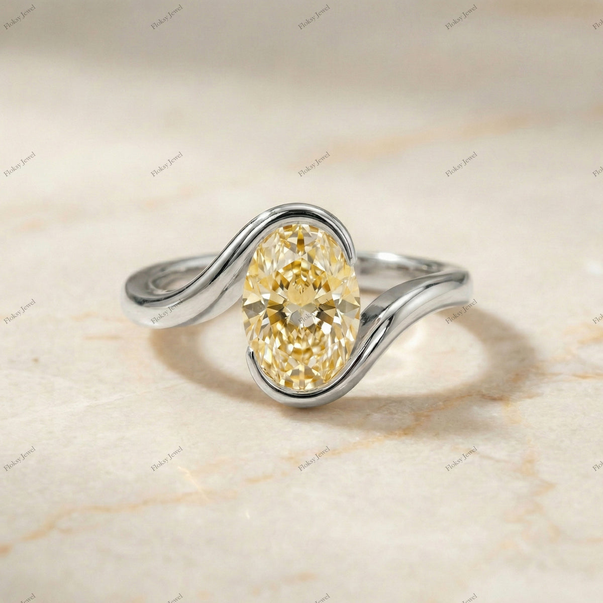 The Yellow Bypass Solitaire | 0.50ct Fancy Yellow Oval Diamond Ring in 925 Sterling Silver | Floksy Jewel