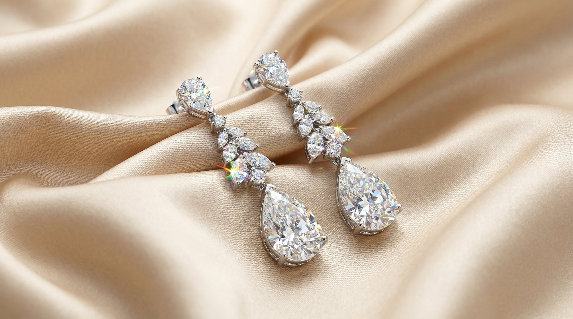 Pair of diamond earrings on a beige fabric background