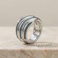 Blue Diamond Wave Ring, 1.00ct Teal Diamond Wide Band, 18k White Gold Ocean Ring, Triple Row Eternity Band, Unique Anniversary Gift