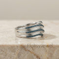 Blue Diamond Wave Ring, 1.00ct Teal Diamond Wide Band, 18k White Gold Ocean Ring, Triple Row Eternity Band, Unique Anniversary Gift