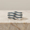Blue Diamond Wave Ring, 1.00ct Teal Diamond Wide Band, 18k White Gold Ocean Ring, Triple Row Eternity Band, Unique Anniversary Gift