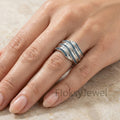 Blue Diamond Wave Ring, 1.00ct Teal Diamond Wide Band, 18k White Gold Ocean Ring, Triple Row Eternity Band, Unique Anniversary Gift