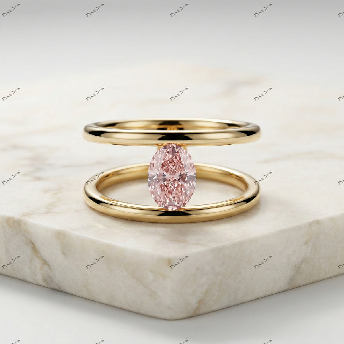 The Double Horizon | 1.20ct Fancy Pink Oval Diamond Floating Double Band Ring in 18k Yellow Gold