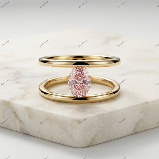 The Double Horizon | 1.20ct Fancy Pink Oval Diamond Floating Double Band Ring in 18k Yellow Gold