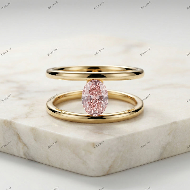 The Double Horizon | 1.20ct Fancy Pink Oval Diamond Floating Double Band Ring in 18k Yellow Gold