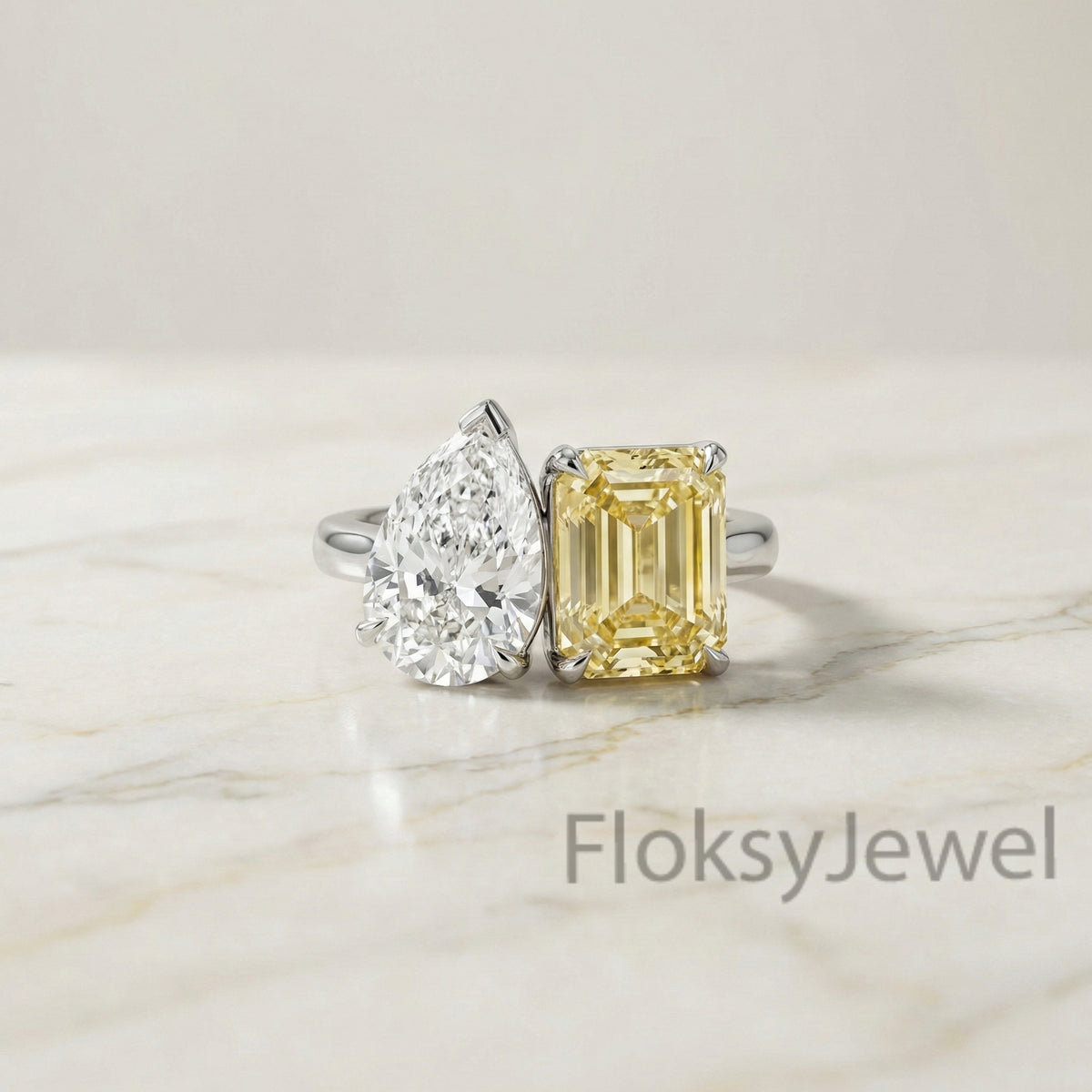 The Duo Lumiere | 4.00ctw Pear & Fancy Yellow Emerald Cut Toi et Moi Ring in 18k White Gold