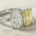 The Duo Lumiere | 4.00ctw Pear & Fancy Yellow Emerald Cut Toi et Moi Ring in 18k White Gold