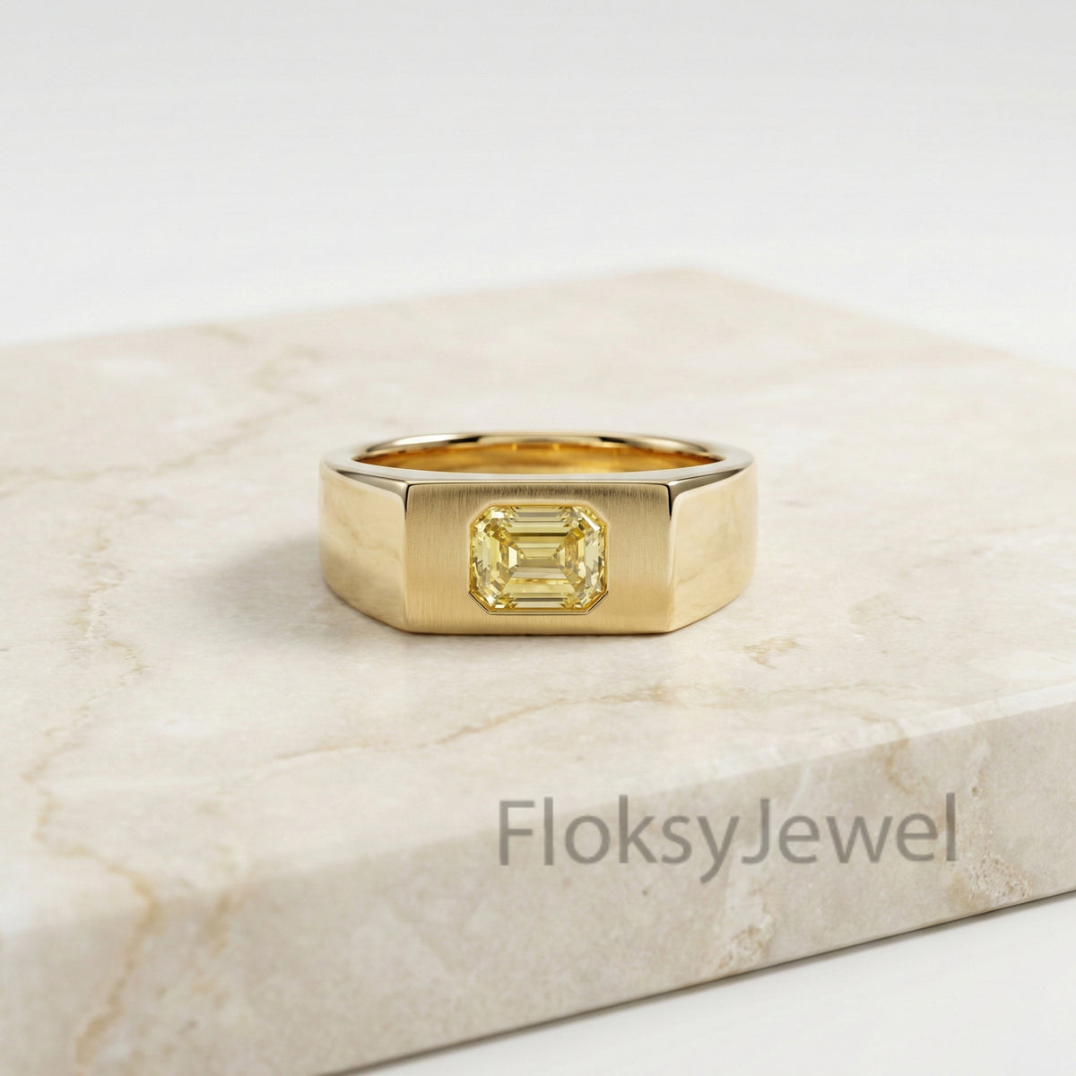 Emerald Cut Signet Ring, 1.00ct Yellow Diamond, 18k Gold Mens Pinky Ring, Flush Set Solitaire, Matte Finish Band, Solid Heavy Gold Ring