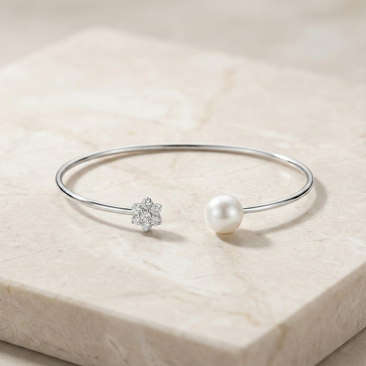 The Flora Cuff | Pearl & Diamond Flower Bangle