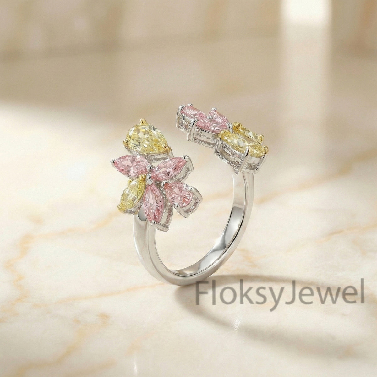 The Flora Twin | Mixed Fancy Pink & Yellow Diamond Open Ring in 18k White Gold