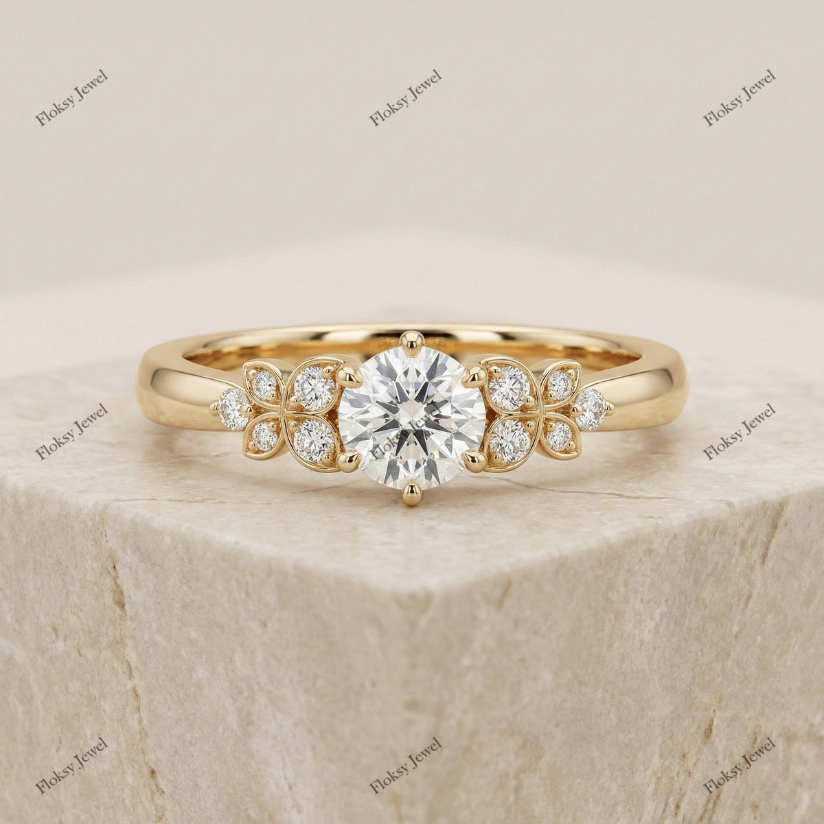 The Floral Bloom Ring | Round Diamond Botanical Ring in 18k Yellow Gold | Floksy Jewel