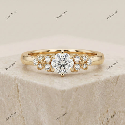 The Floral Bloom Ring | Round Diamond Botanical Ring in 18k Yellow Gold | Floksy Jewel