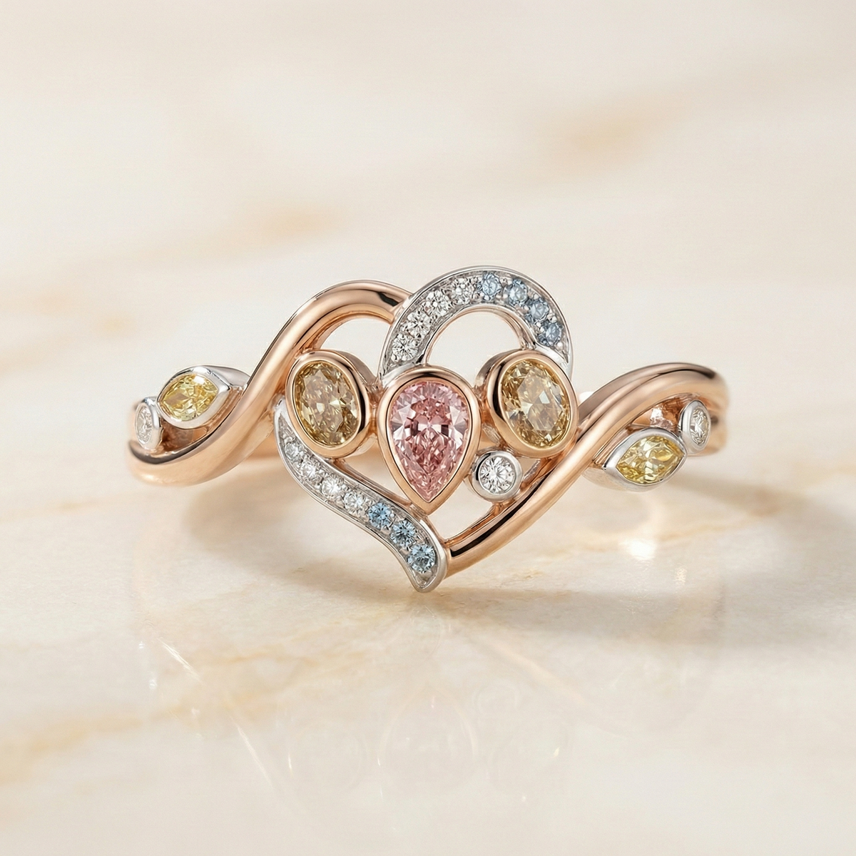 The Garden Heart | Multicolor Fancy Pink & Yellow Diamond Floral Ring in 18k Rose Gold
