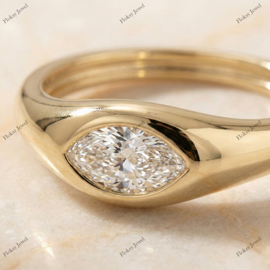 The Golden Eye Dome Band |Marquise Diamond Flush Set Ring in 18k Yellow Gold | Floksy Jewel