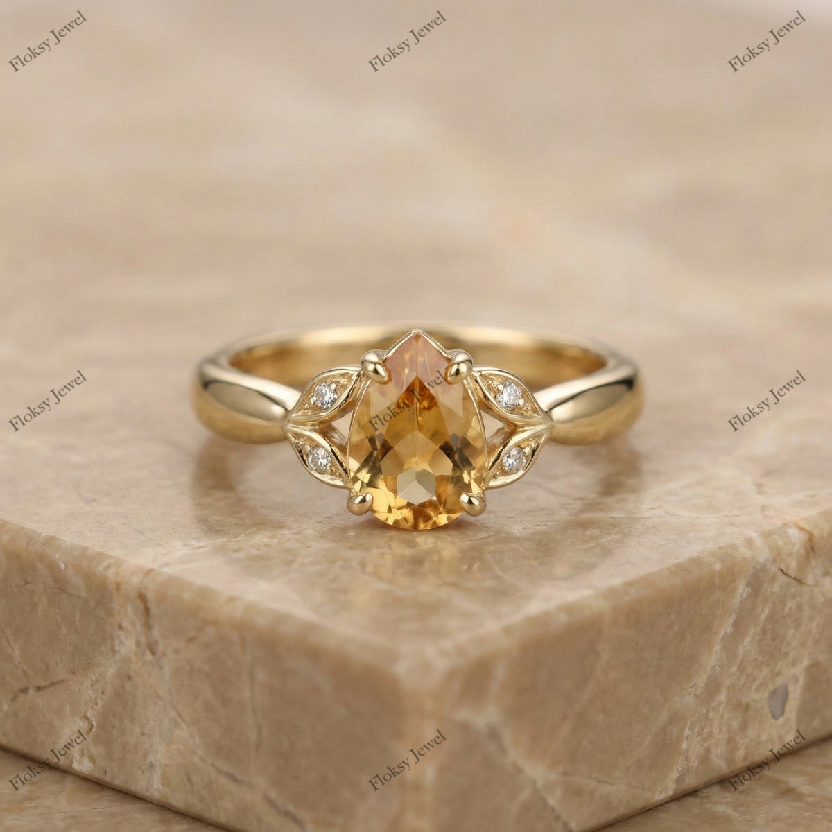 The Golden Leaf Pear Ring | Champagne Pear Diamond Botanical Ring in 18k Yellow Gold | Floksy Jewel