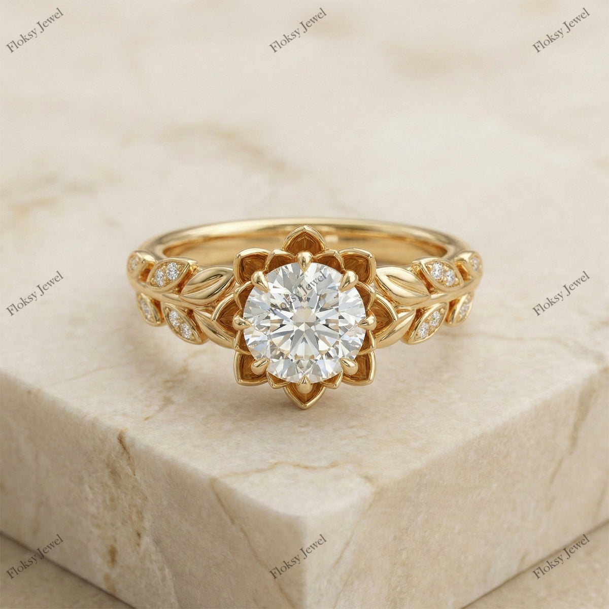 The Golden Lotus Ring | Round Diamond Floral Ring in 18k Yellow Gold | Floksy Jewel