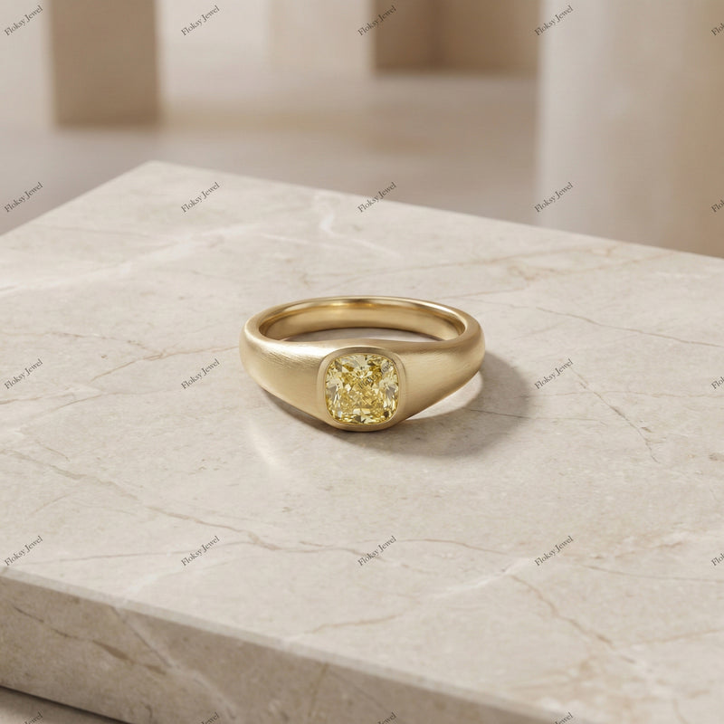 The Golden Signet | 1.50ct Cushion Cut Fancy Yellow Diamond Gypsy Ring in 18k Yellow Gold