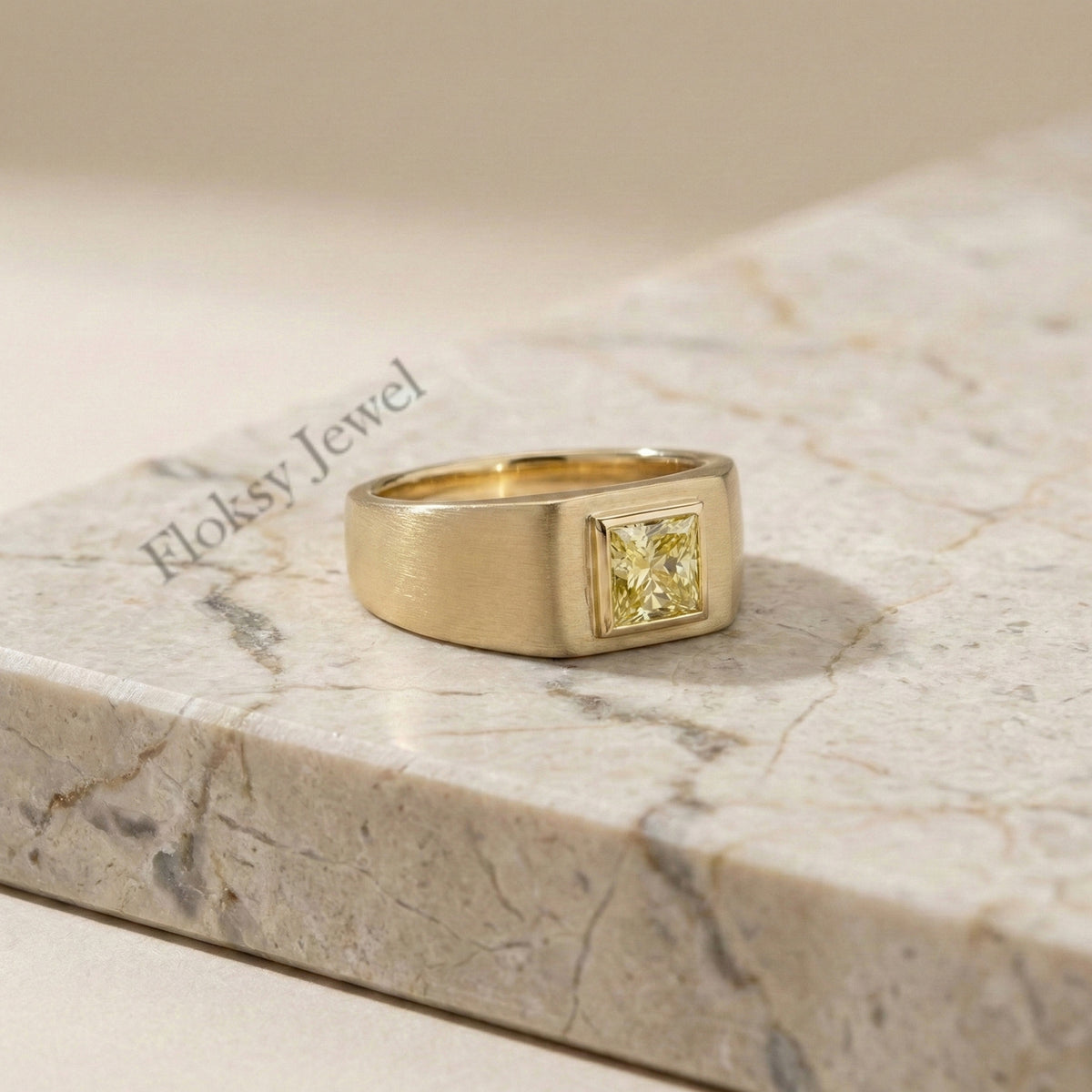 18k Gold Signet Ring, 1.00ct Princess Cut Yellow Diamond, Matte Finish Pinky Ring, Flush Set Solitaire, Modern Chunky Gold Ring