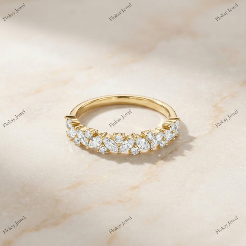 The Golden Vine Band | Marquise & Round Diamond Cluster Ring in 18k Yellow Gold | Floksy Jewel
