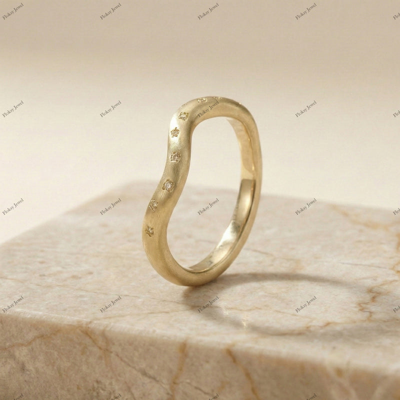 The Golden Wave Band | Matte Finish Flush Set Fancy Yellow Diamond Curved Ring in 18k Yellow Gold