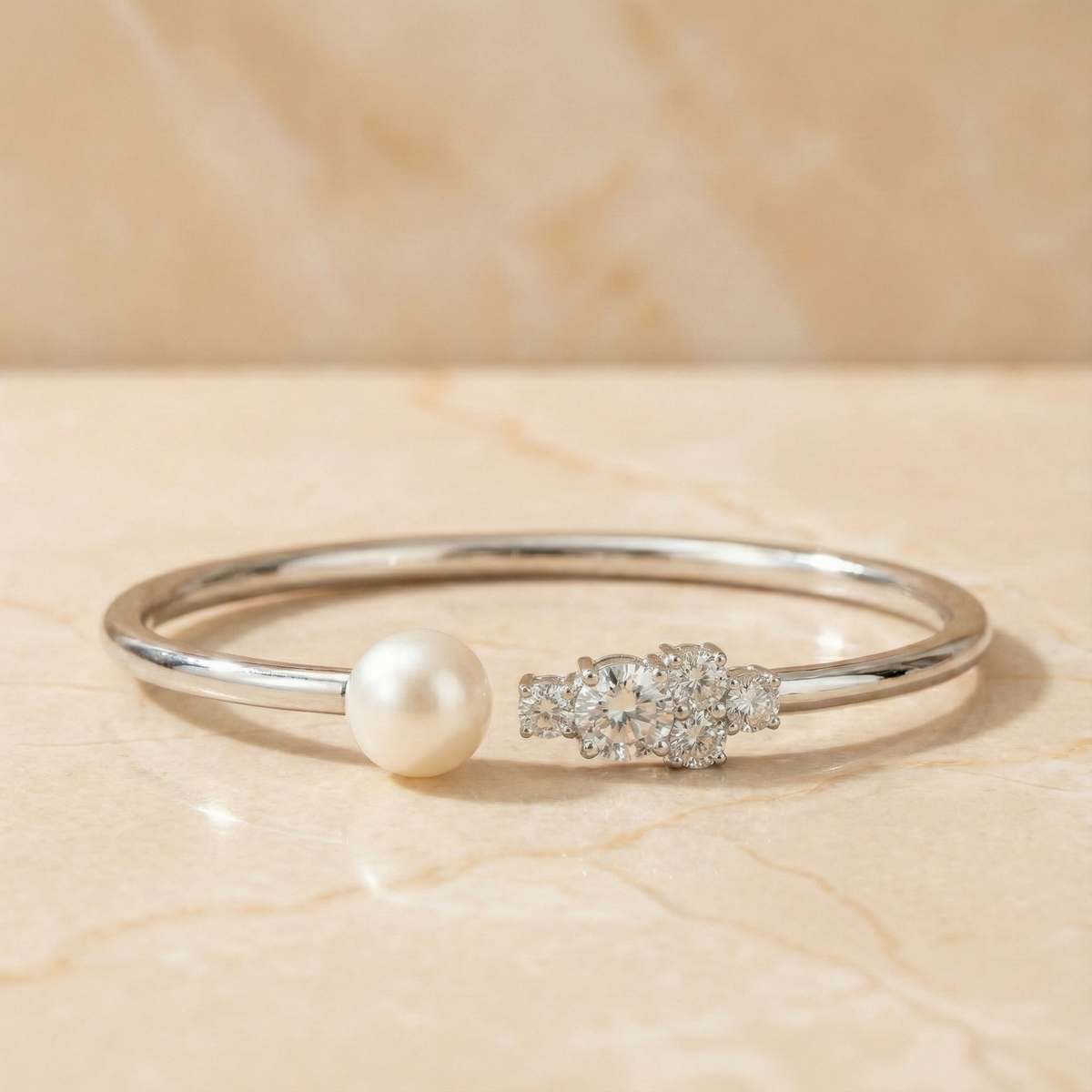 The Harmony Cuff | Pearl & Diamond Open Bangle