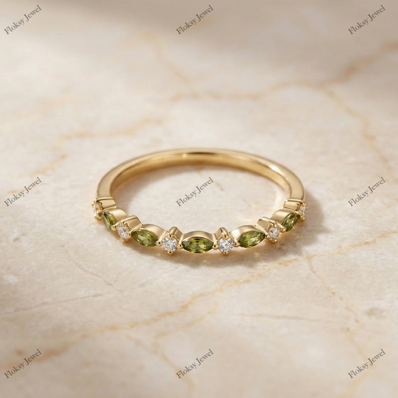 The Olive Vine Band | Fancy Green Marquise & White Round Diamond Ring in 18k Yellow Gold | Floksy Jewel