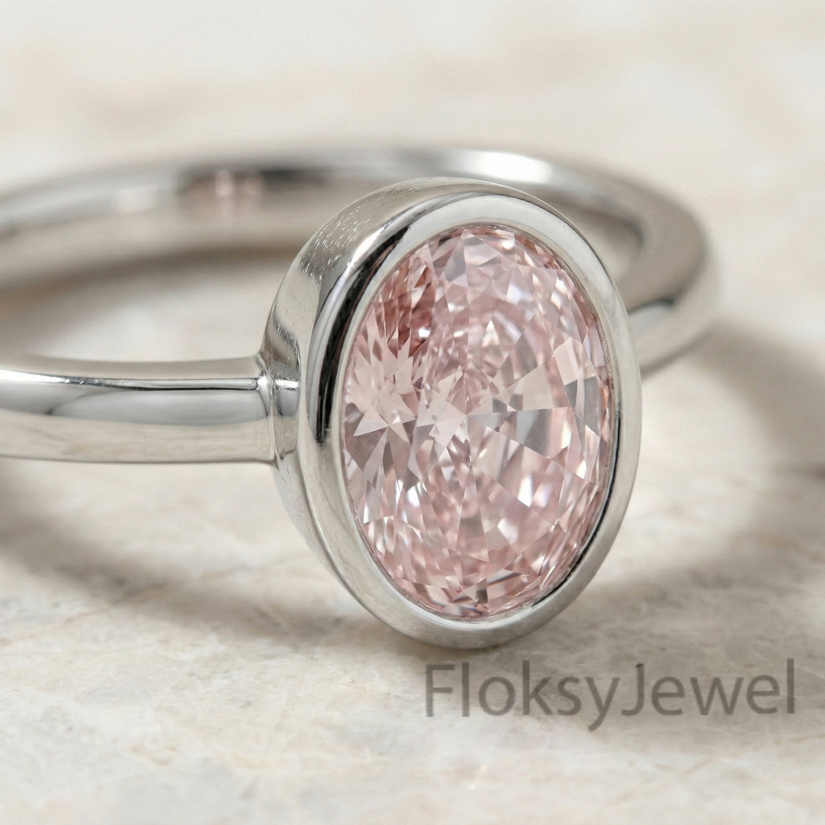 The Pink Oval Bezel | 1.00ct Fancy Pink Oval Lab-Grown Diamond Solitaire Ring in 18k White Gold