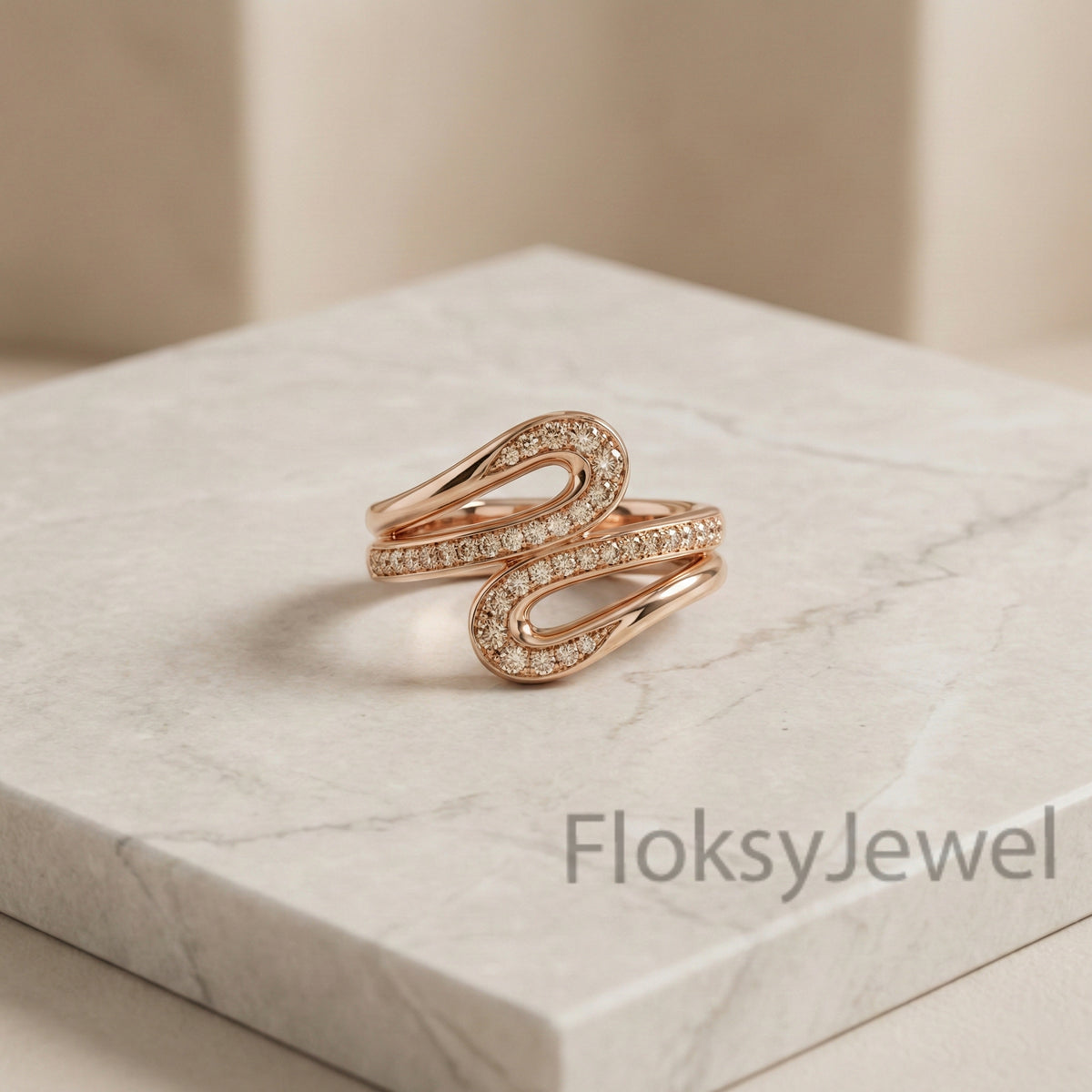 The Rose Ribbon | Round Brilliant Cut Diamond Sculptural Bypass Ring in 18k Rose Gold