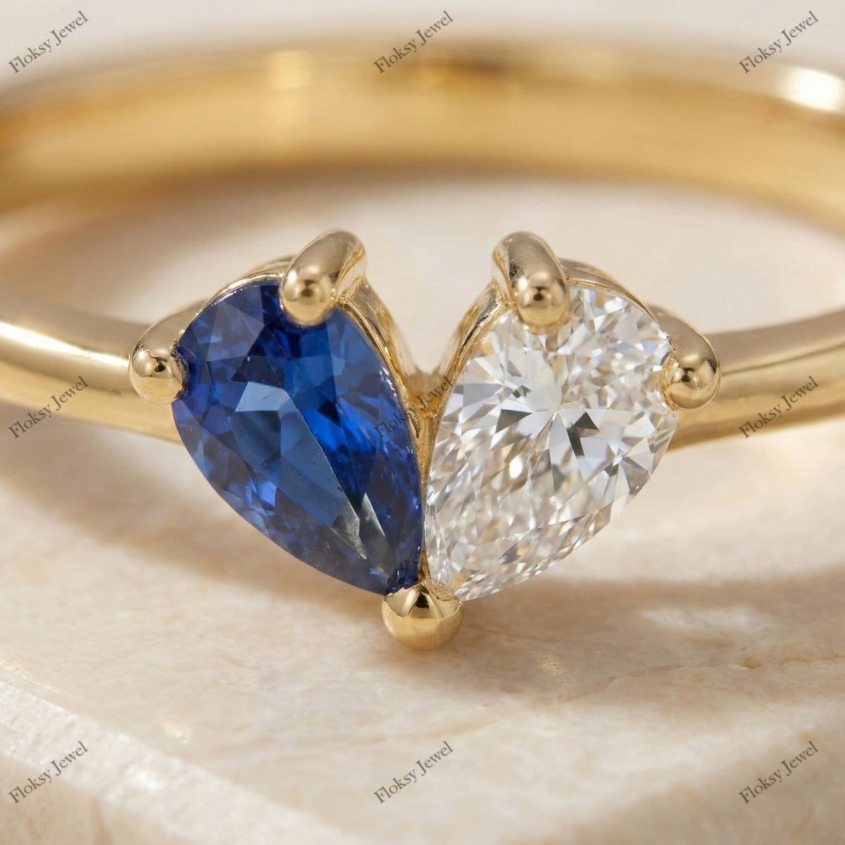 The Sapphire & Diamond Union Ring | 1.00ctw Two-Stone Pear Ring in 18k Yellow Gold | Floksy Jewel