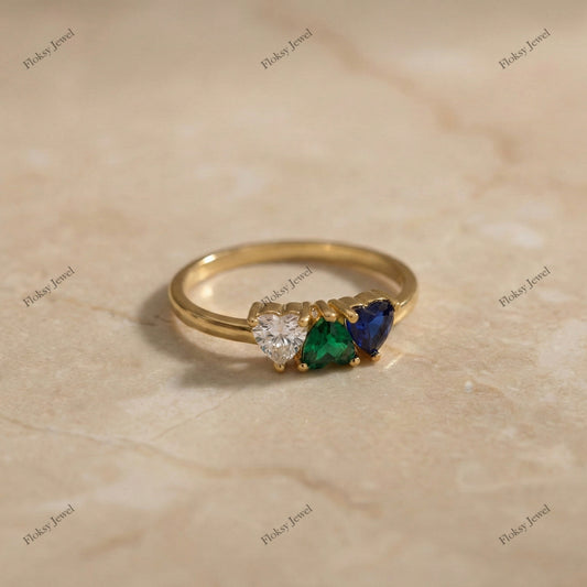The Tricolor Heart Ring | 1.50ctw Diamond, Emerald & Sapphire Heart Ring in 18k Yellow Gold | Floksy Jewel