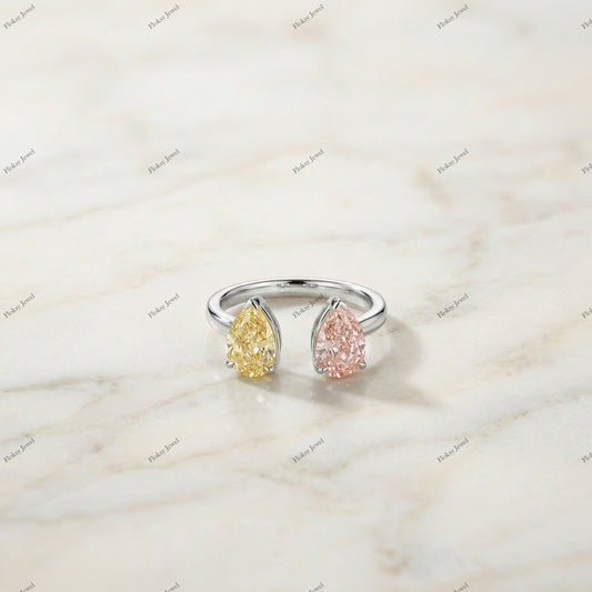 The Twin Pear Toi et Moi | 2.00ctw Fancy Pink & Yellow Pear Diamond Open Ring in 18k White Gold