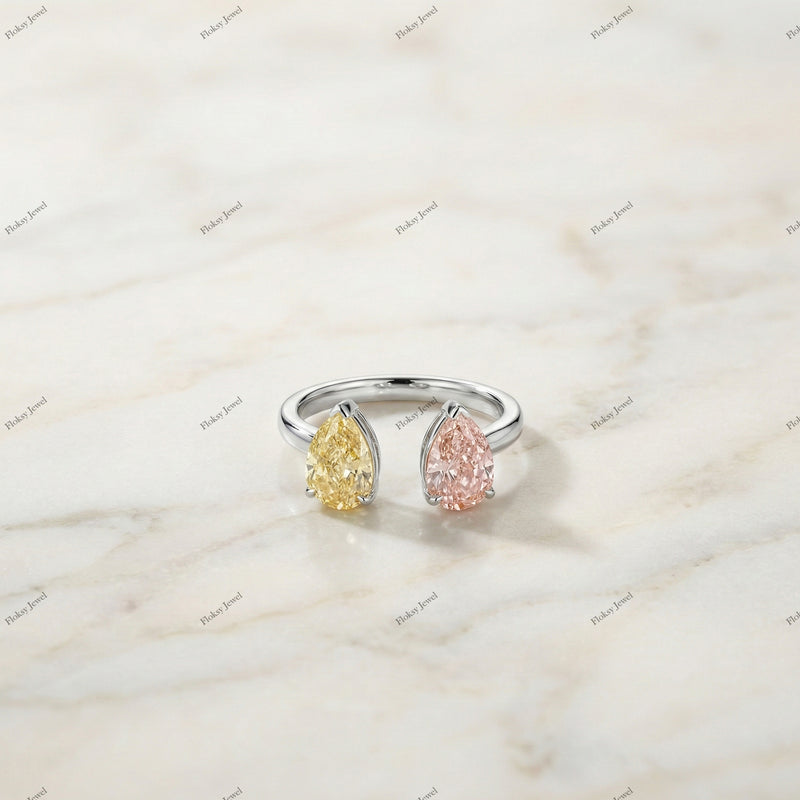 The Twin Pear Toi et Moi | 2.00ctw Fancy Pink & Yellow Pear Diamond Open Ring in 18k White Gold